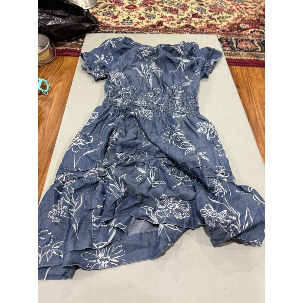 Cottagecore Womens Velvet Heart Floral Smocked Midi Dress M Blue White